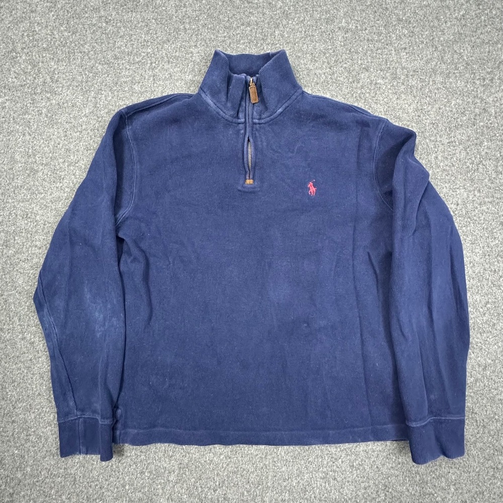Polo Ralph Lauren Mens M Navy Blue 1/4 Zip Cotton Pullover Sweater Red Pony